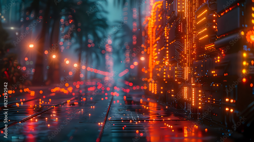 Futuristic image of a city street illuminated by glowing digital lights, perfect for technology themes, sci-fi concepts, and cyberpunk designs. Futuristic image of a city street illuminated by glowing digital lights, perfect for technology themes, sci-fi concepts, and cyberpunk designs.