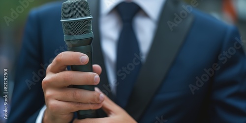 A close-up image showing a man in a suit holding a microphone preparing to speak or perform photo