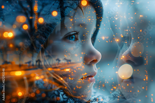 Surreal double exposure of a child’s face with glowing lights and a winter landscape, perfect for conceptual art, creative photography, and emotional storytelling.