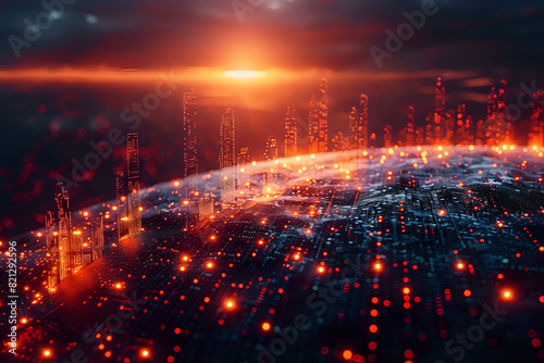  Futuristic image of a glowing digital network over a cityscape at sunrise  perfect for technology themes  innovation concepts  and digital transformation projects.
