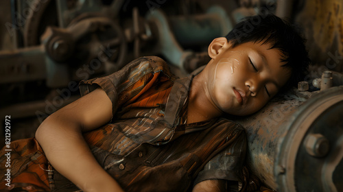 June 12 is celebrated as World Day Against Child Labor. A little boy of Asian appearance, dirty and tired from hard work, fell asleep on the workbench photo