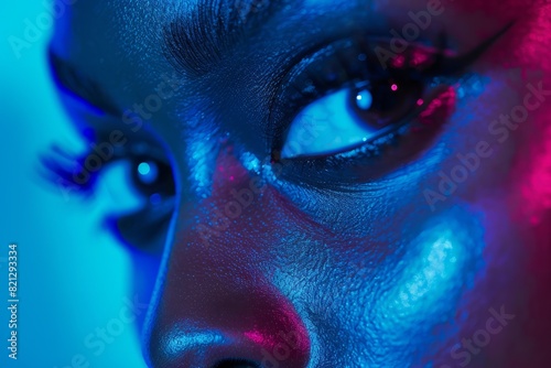Fashion Portrait of Model in Blue Light  Close-Up