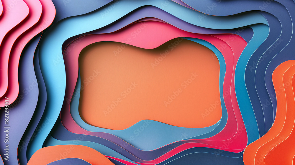 A colorful paper cutout with a blue and orange frame