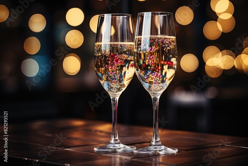 Champagne Flutes for New Year's Party in Colorful Background with Bokeh Lights, generative IA