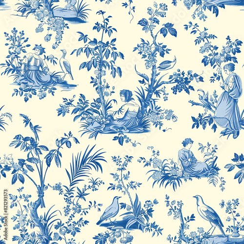 Pastoral French toile seamless design pattern wallpaper with female figures and natural foliage