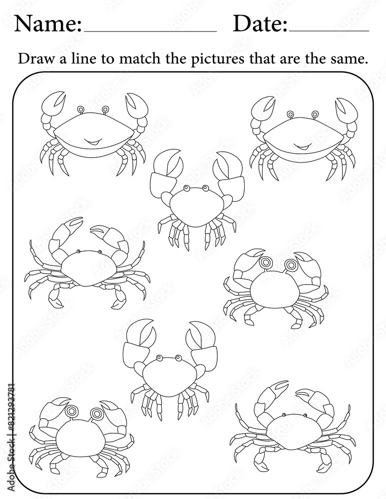 Naklejka premium Crab Puzzle. Printable Activity Page for Kids. Educational Resources for School for Kids. Kids Activity Worksheet. Match Similar Shapes