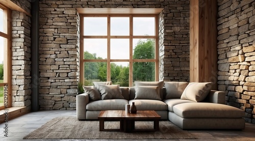 Corner sofa against window in room with stone cladding walls Farmhouse style interior design of modern living room © Alief Shop