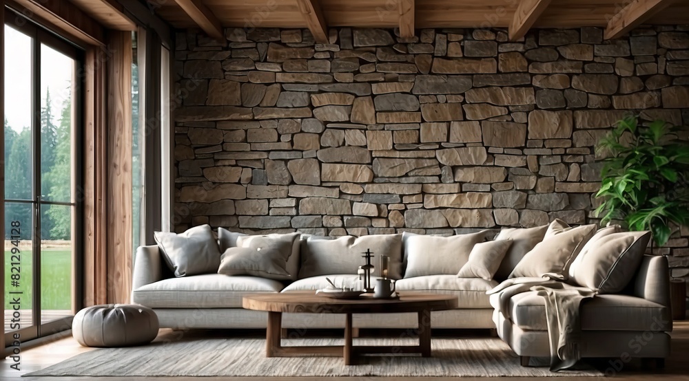 Corner sofa against window in room with stone cladding walls Farmhouse style interior design of modern living room Corner sofa against window in room with stone cladding walls Farmhouse style interior design of modern living room