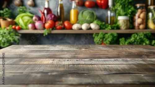 The photo shows a wooden table with a variety of vegetables and spices on shelves in the background.