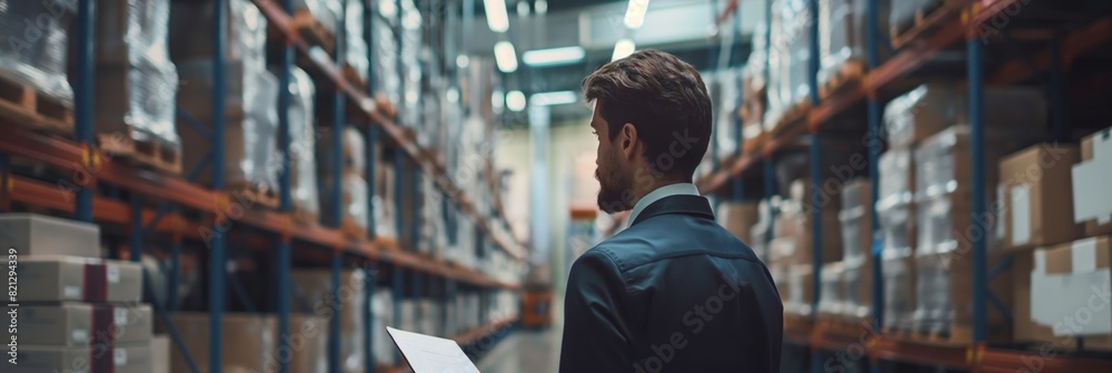 Fototapeta premium Professional manager in suit at warehouse supervising inventory with a digital tablet
