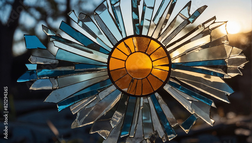 2D collage pieces of broken transparent glass leaded window, sun symbol illumnated