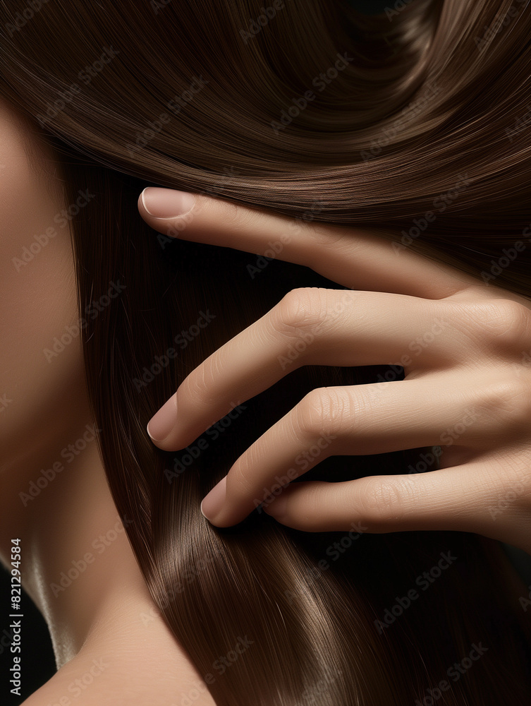 Obraz premium Elegant, highquality photo capturing a woman's hand gracefully running through her glossy long brown hair, emphasizing beauty and hair maintenance