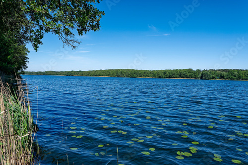 View over a lake with dark blue water to the opposite shore.