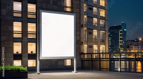 Blank white advertising billboard on a office building wall at night