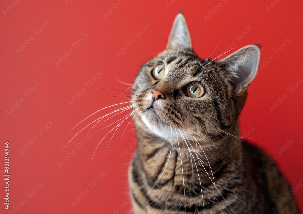 Full-lenght british shorthair cat portrait looking shocked or surprised on red baclground, clear light, 8k, space for text, nikon d750, generated with ai