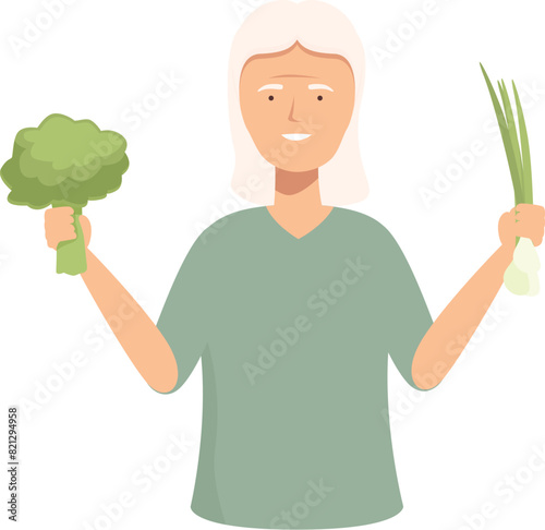 Illustration of an elderly woman smiling while displaying a broccoli and green onions