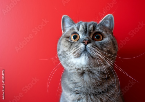 Full-lenght british shorthair cat portrait looking shocked or surprised on red background, clear light, 8k, space for text, , generated with ai