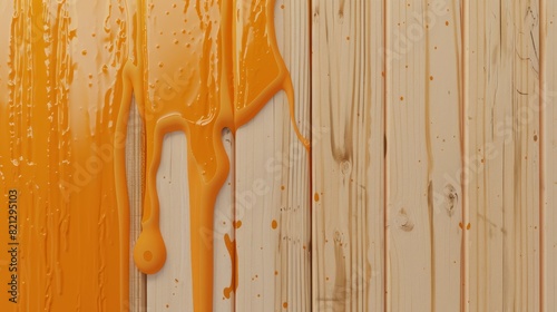 Wooden surface with vertical planks, upon which a thick, viscous orange substance is dripping