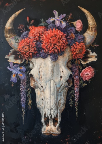 Gothic bull scull, red chrysanthemums and purple irises, vintage oil painting, black background, generated with ai