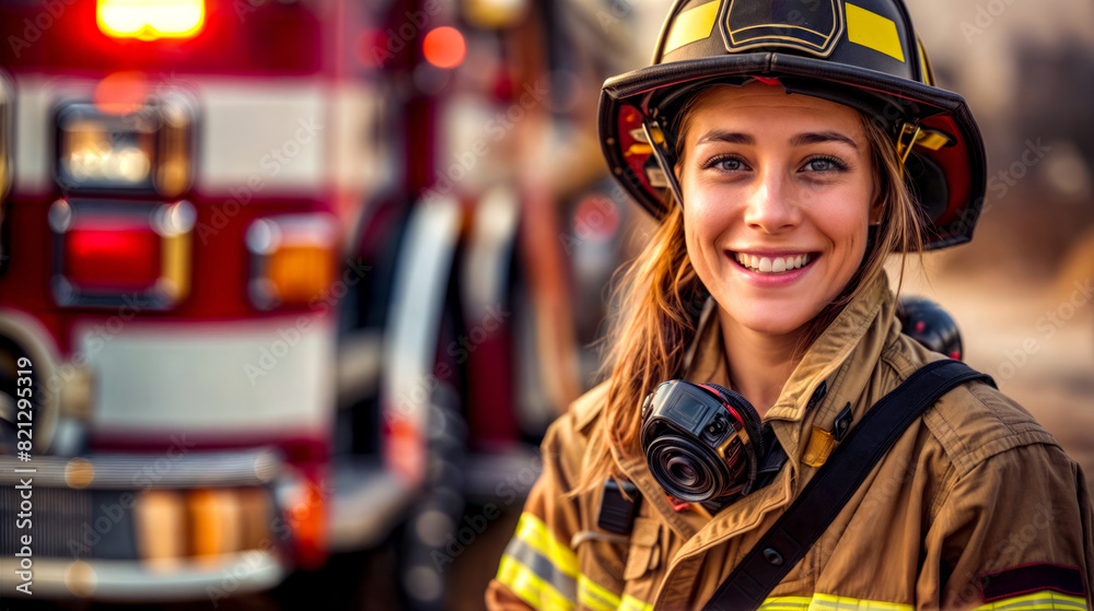 Woman wearing firefighter's helmet and holding camera in front of fire truck. Woman wearing firefighter's helmet and holding camera in front of fire truck.