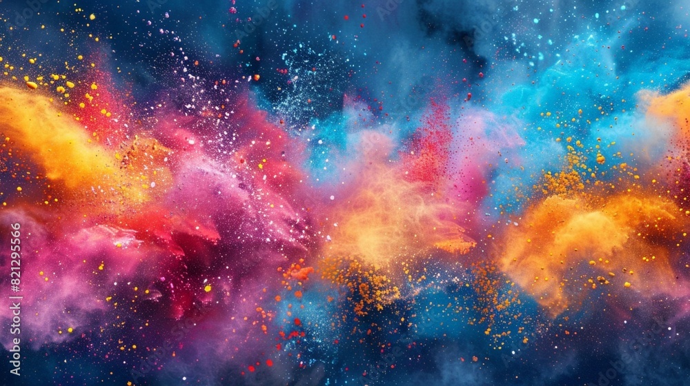 Explosion of color paint, burst of multicolored powder or watercolor, abstract colorful background. Pattern of bright festive splash like in Holi festival.