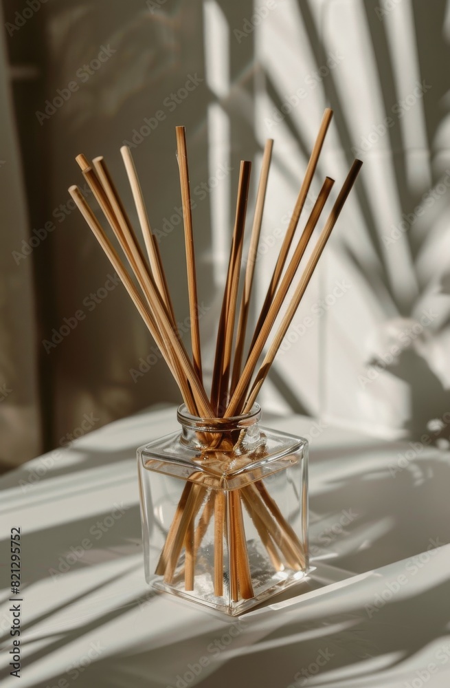 Naklejka premium Glass Vase With Reeds on Table
