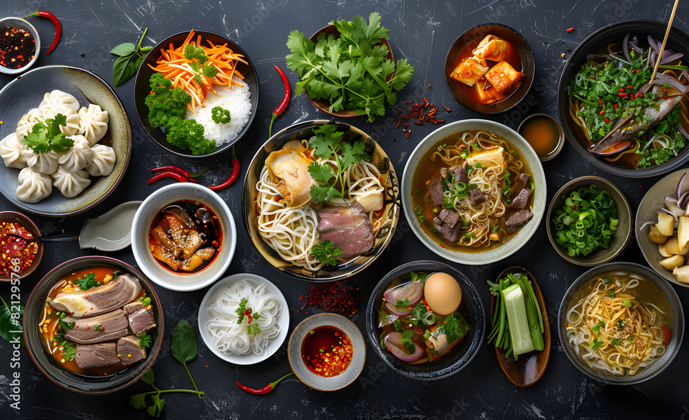 Top view composition of various Asian food in bowl Top view composition of various Asian food in bowl
