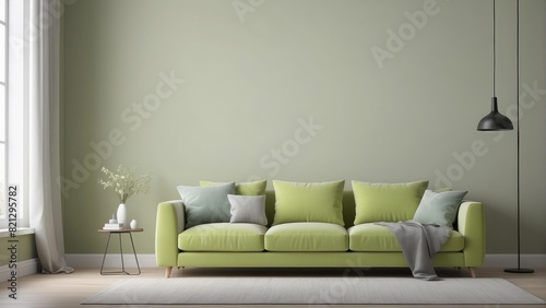 Light Lime Green sofa in minimal living room design  empty wall mockup