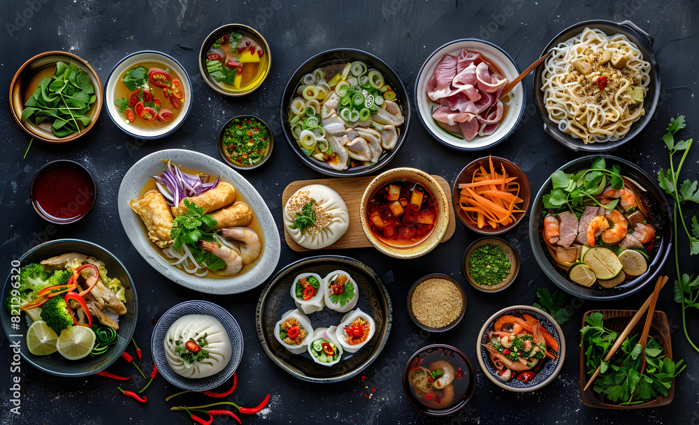 Top view composition of various Asian food in bowl Top view composition of various Asian food in bowl