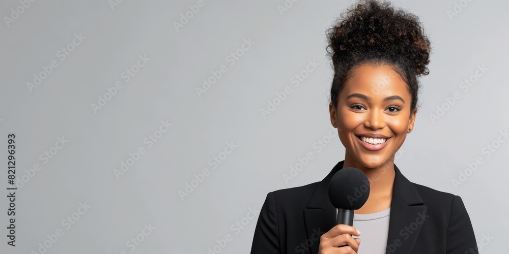 A poised professional woman confidently smiling while holding a microphone against a gray background A poised professional woman confidently smiling while holding a microphone against a gray background