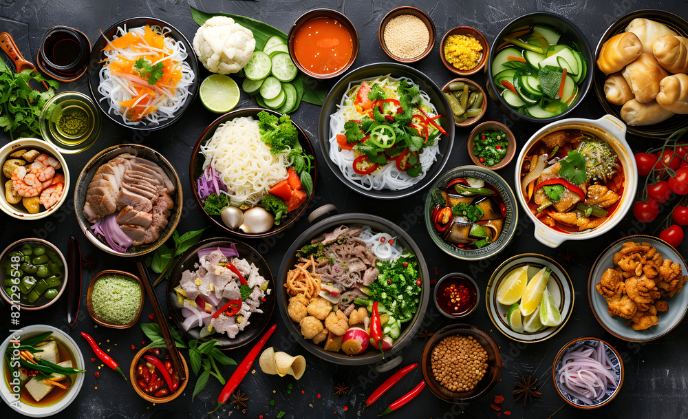 Top view composition of various Asian food in bowl Top view composition of various Asian food in bowl