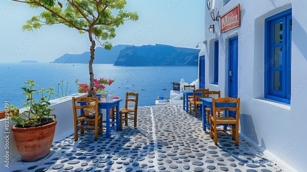Fototapeta premium A photo of an idyllic Greek tavern with blue tables and chairs, overlooking the sea in Santorini island, Greece. generated with AI