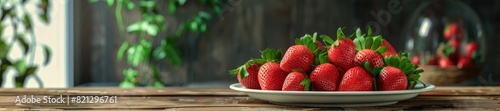 Plate of fresh strawberries on rustic wooden table  indoor setting  natural light