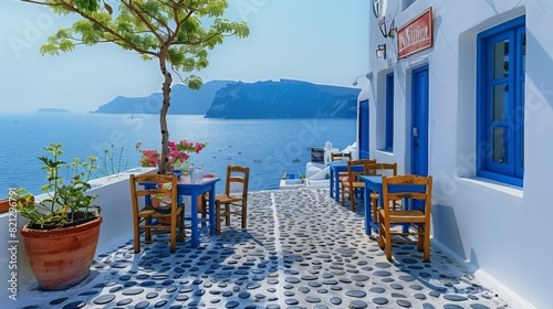 Fototapeta Naklejka Na Ścianę i Meble -  A photo of an idyllic Greek tavern with blue tables and chairs, overlooking the sea in Santorini island, Greece. generated with AI