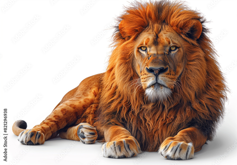 Graceful lion with a regal presence gazes intensely against a clean white backdrop Graceful lion with a regal presence gazes intensely against a clean white backdrop