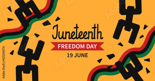 Juneteenth celebration horizontal banner template. Simple background with broken shackles, chains and Pan African flag. African-American Independence Day. Vector flat illustration.