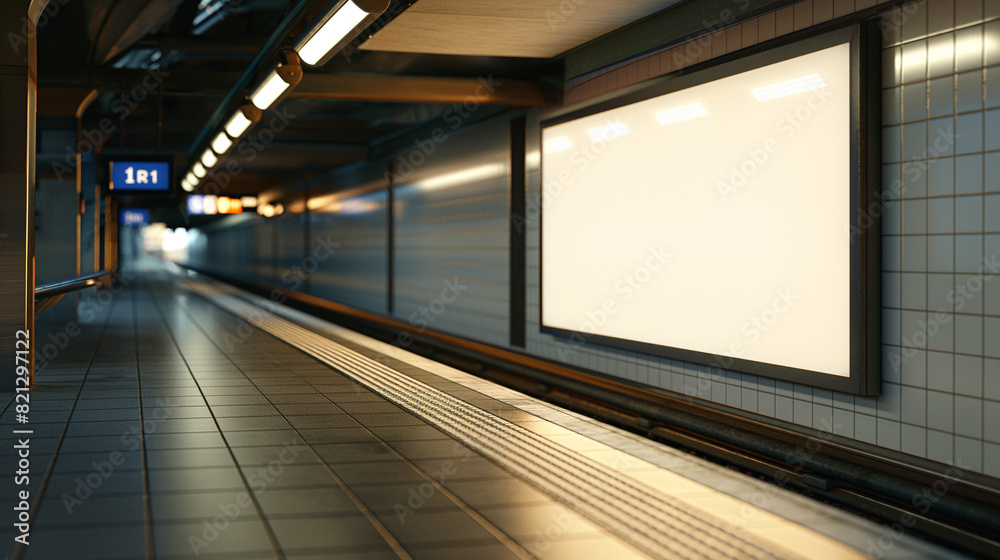 A blank empty canvas poster screen board hanging on a wall at a railway station.
A blank empty canvas poster screen board hanging on a wall at a railway station.