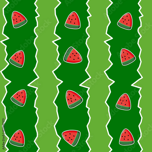 Vector watermelons seamless pattern. watermelon. Tropical summer food. Watermelon red slices with seeds repeat texture on green striped