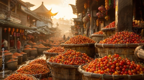 In the outdoor cherry orchard, bamboo baskets are filled with freshly picked cherries highest quality 8k image., generated with ai