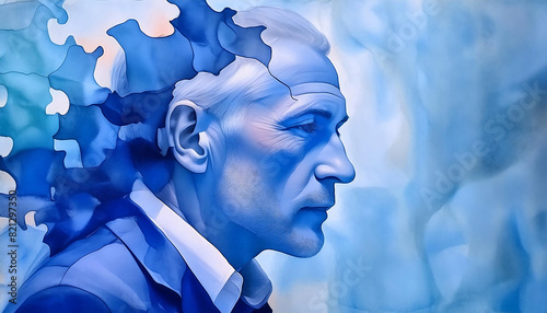 Poignant struggle of memory loss, paint brush illustration of an old man with a wrinkled face, symbolized by fractured geometric shapes, dementia, awareness campaigns, deep impact of cognitive decline