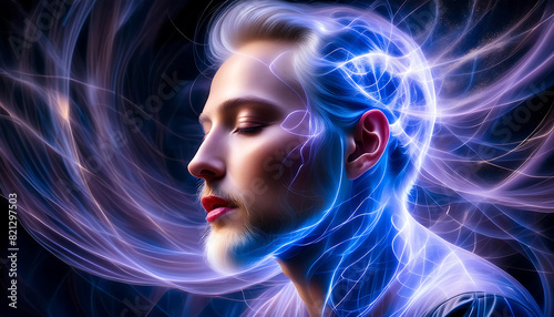 Man with white hair emitting fibers of light from his head. Symbolizing intelligence and creativity, tech innovations, intellectual pursuits, futuristic themes, dynamic energy and cognitive power