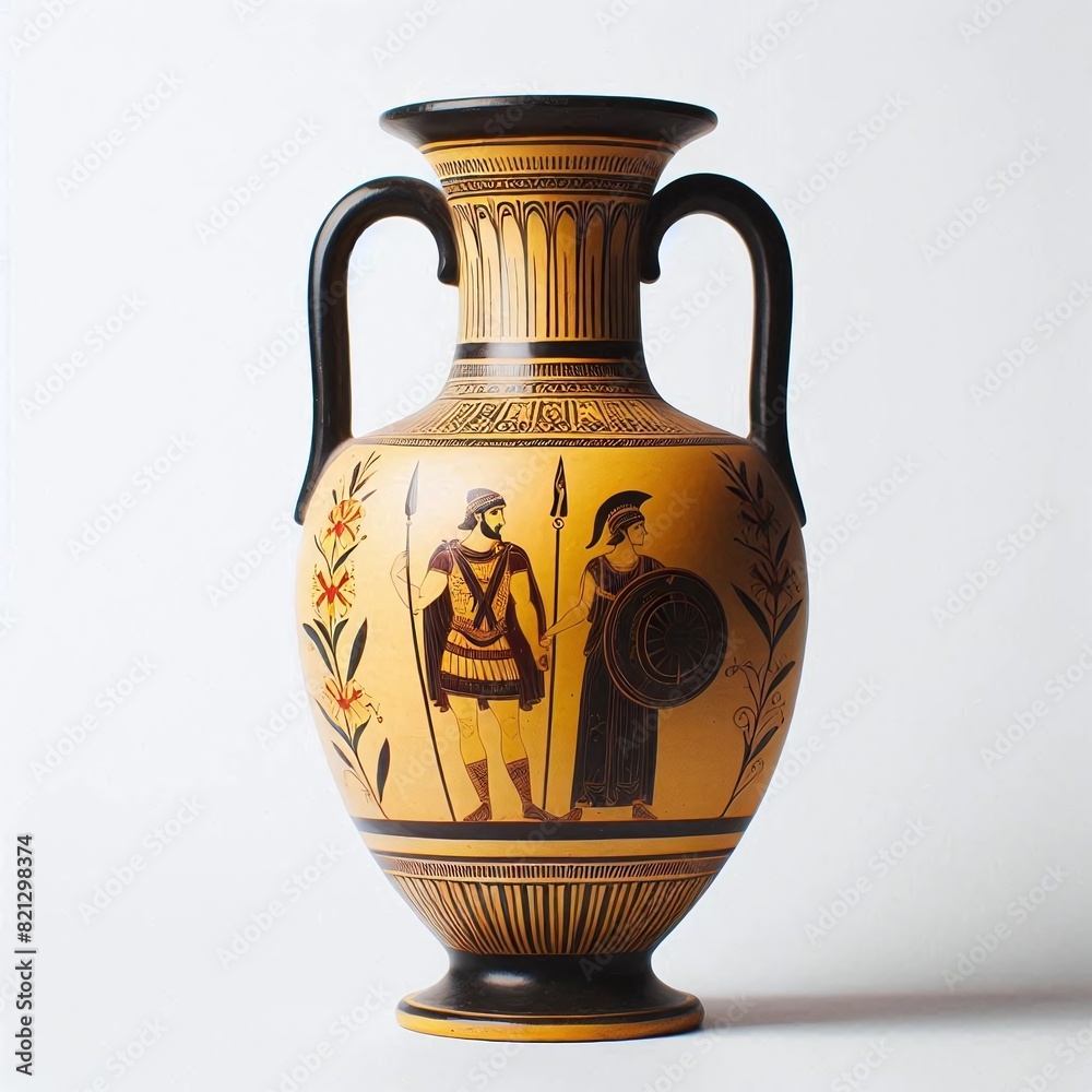 An antique vase with a yellow body and black handles with a painting of an ancient Greek man and woman for a timeless interior decoration An antique vase with a yellow body and black handles with a painting of an ancient Greek man and woman for a timeless interior decoration