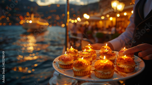 A waiter at a luxurious soiree on a heritage ship deck  holding a tray of Italian canapes  with a starlit night and elegant guests.generative ai