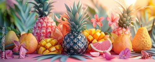 3D summer fruits like pineapples  mangoes  and oranges arranged in a vibrant display