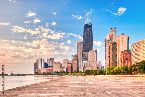 Chicago Skyline at Sunrise over the Lake Michigan