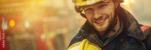 A friendly and confident firefighter smiling with his helmet in hand, wearing protective gear