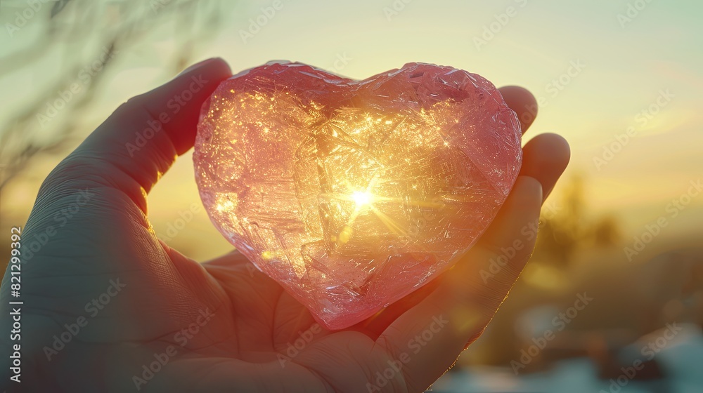 Someone is holding a clear heart-shaped crystal in their hand, through which the rays of the setting sun pass beautifully. Glass crafts for a loved one. A piece of rose quartz as a gift. Illustration. Someone is holding a clear heart-shaped crystal in their hand, through which the rays of the setting sun pass beautifully. Glass crafts for a loved one. A piece of rose quartz as a gift. Illustration.