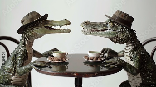 Two stuffed animals sitting at a table with cups of tea or coffee. Staged scene of crocodiles having tea. Interior decoration with taxidermy of reptiles for exhibition. Illustration for varied design. photo
