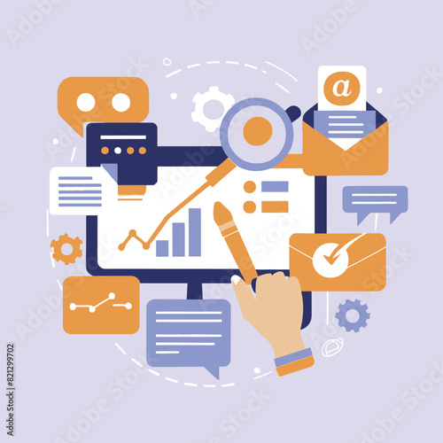 2d vector illustration colorful social media boost , influence blogger E-marketer via Internet pages marketing referral
