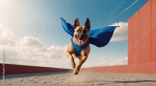 Superhero baby dog, Cute baby dog with a blue cloak and mask jumping and flying